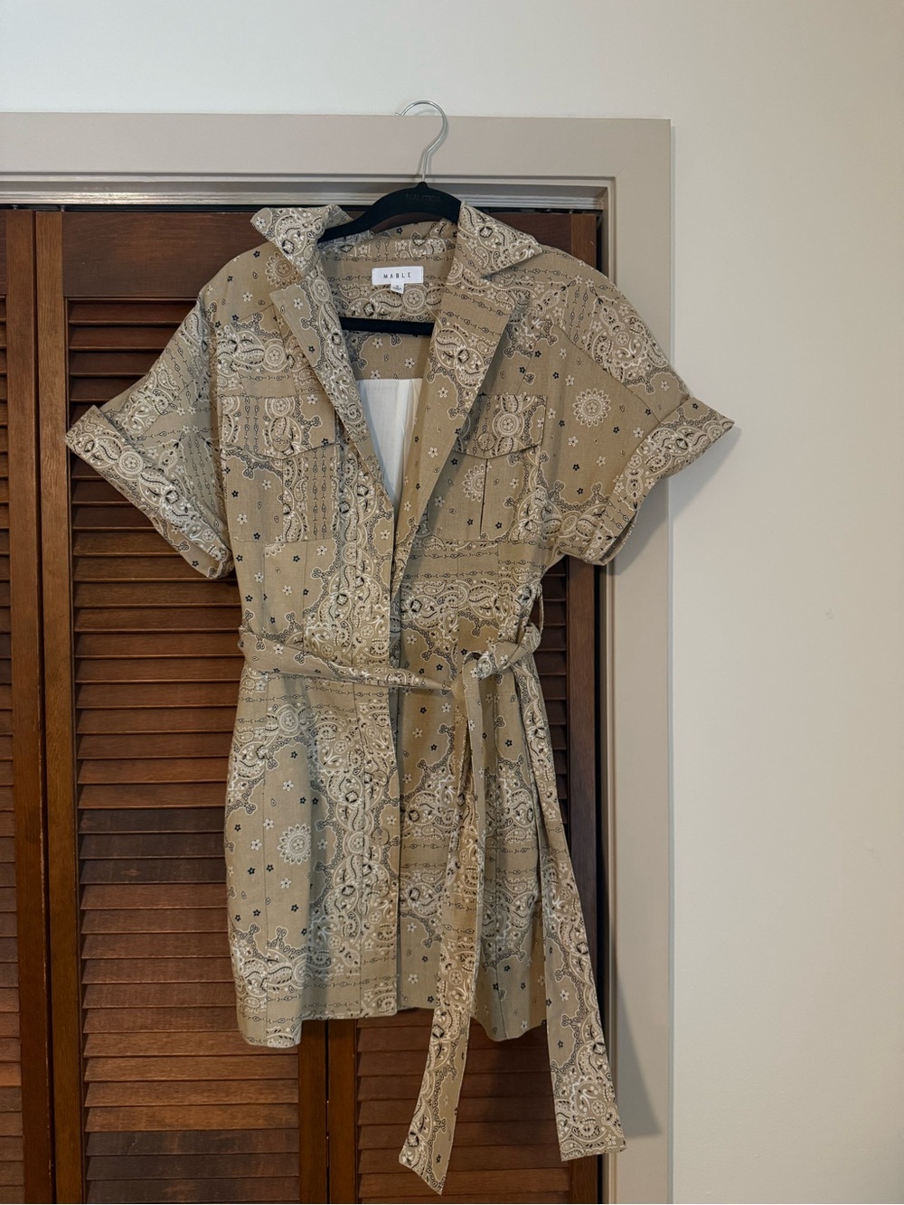 Marled Beige Paisley Short Sleeve Belted Dress